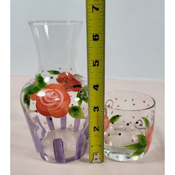Carafe & Tumbler Glass Nite Night Bedside Table Set Hand Painted Roses - Picture 5 of 7